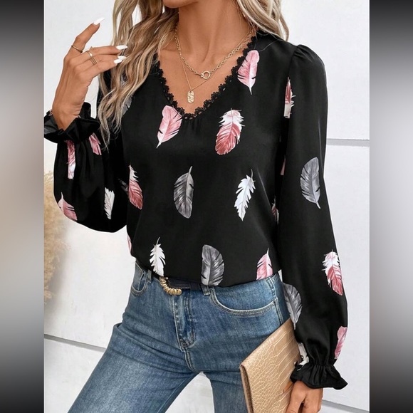 Black Feather Print Sheer mesh Lace Back Long Sleeve Blouse Top Shirt - Picture 2 of 5